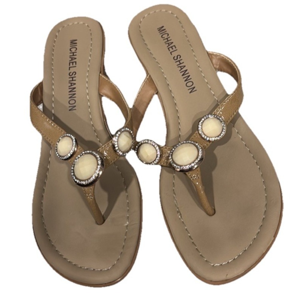 Michael Shannon Wedge Thong Sandals Women's Size‎ 8 Beige/Tan Color